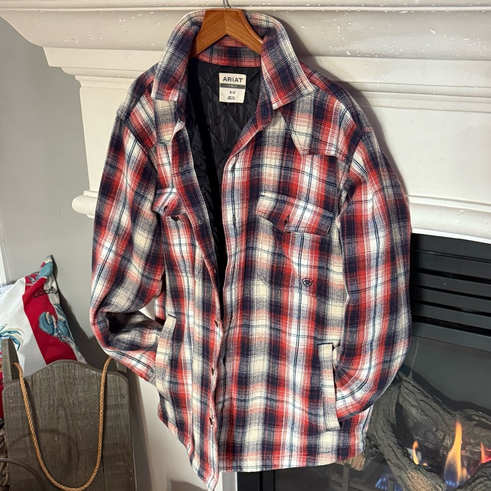 Ariat Retro Fit Hasslehoff Plaid Shirt Jacket Quilted Lining Navy Red Men Size M